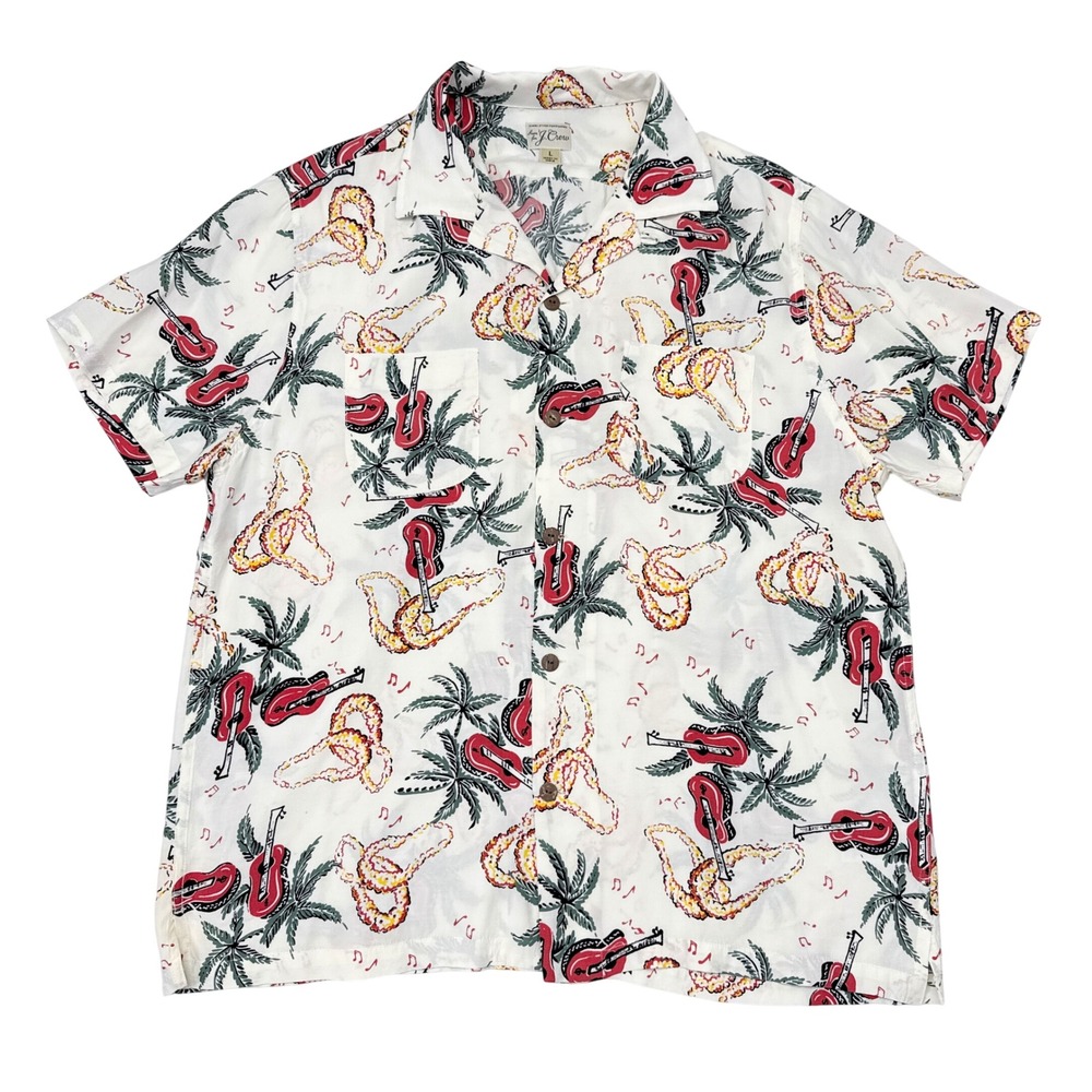 J Crew Hawaiian Camp Shirt Sz L Loop Collar Aloha Tiki Ukulele Tropical Vacation